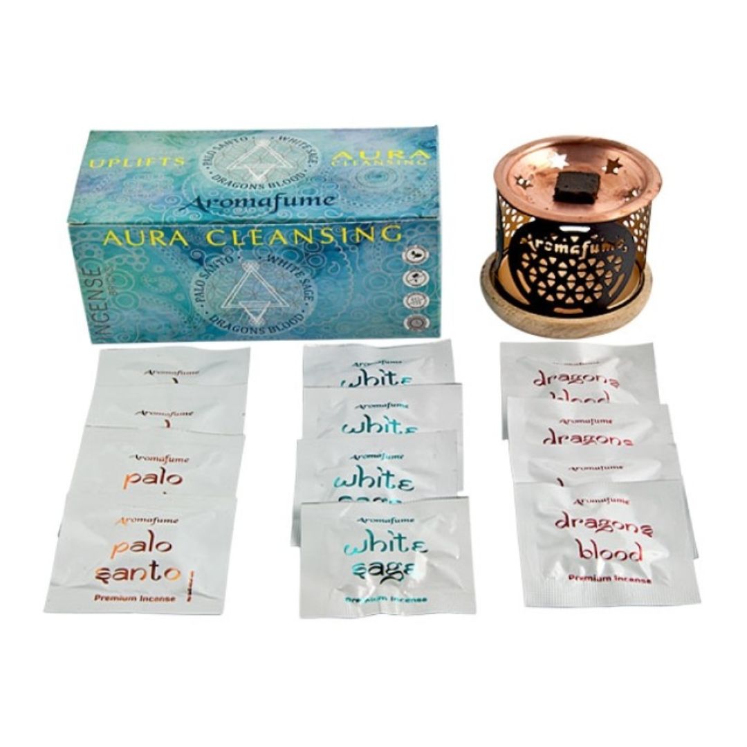 Aromafume Aura Cleansing kit with incense packets and diffuser on a white background