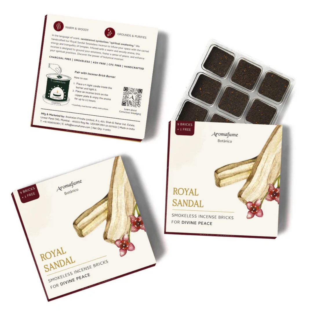 Aromeffume Royal Sandal incense packaging with incense bricks on a white background