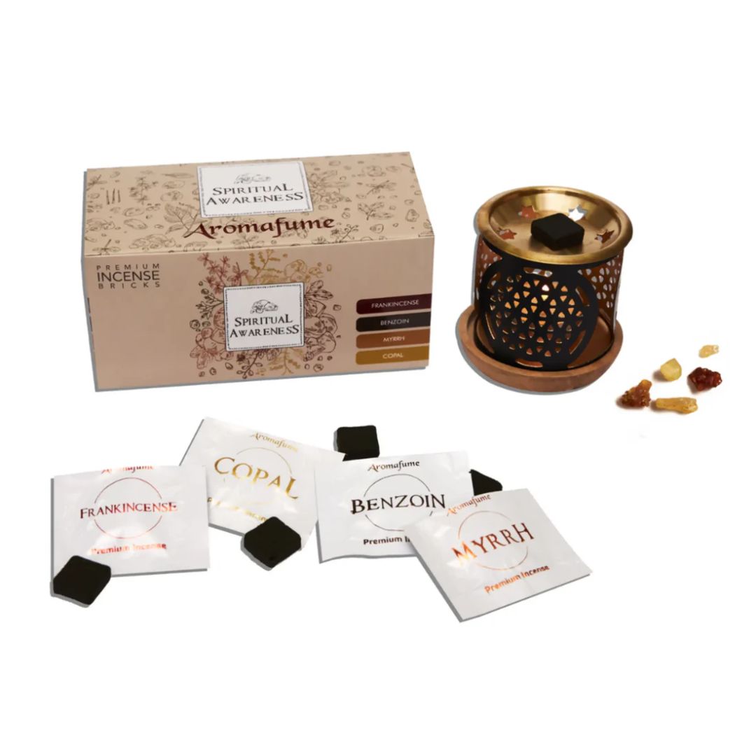 Aromafume incense set with packaging, incense sticks, and a burner on a white background