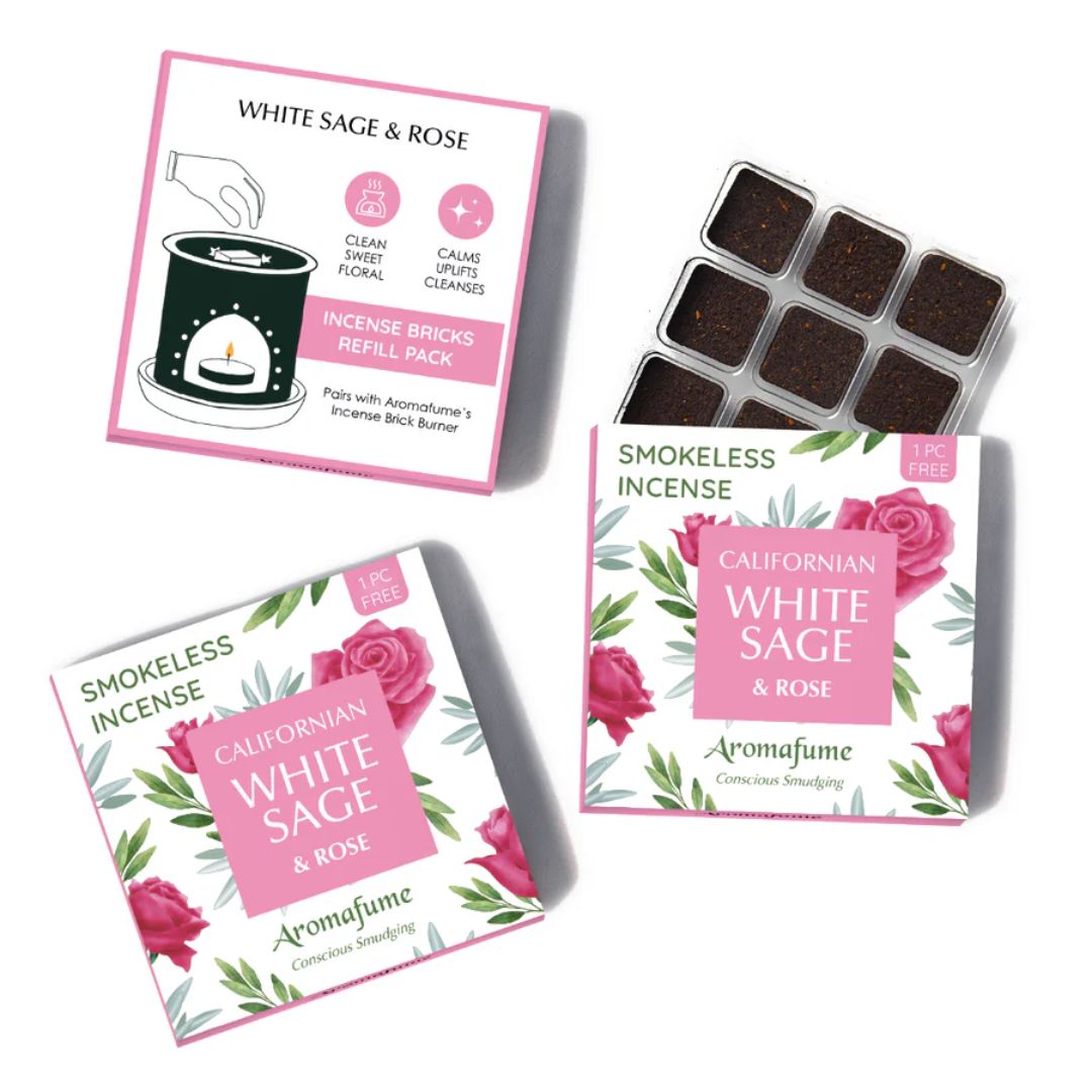 Aromafume Californian White Sage & Rose smokeless incense packaging with incense bricks on a white background.