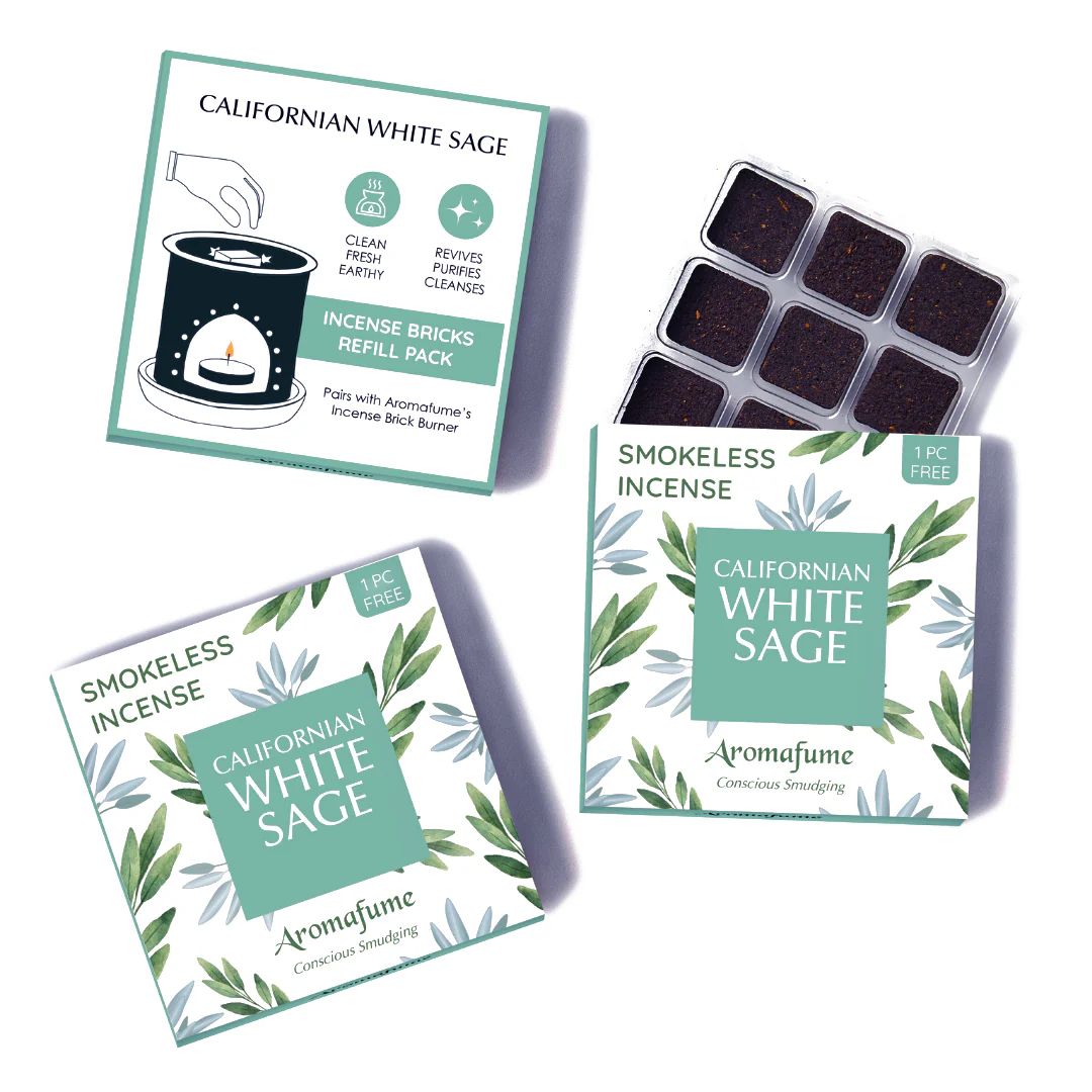 Aromaflame Californian White Sage incense packaging and incense bricks on a white background