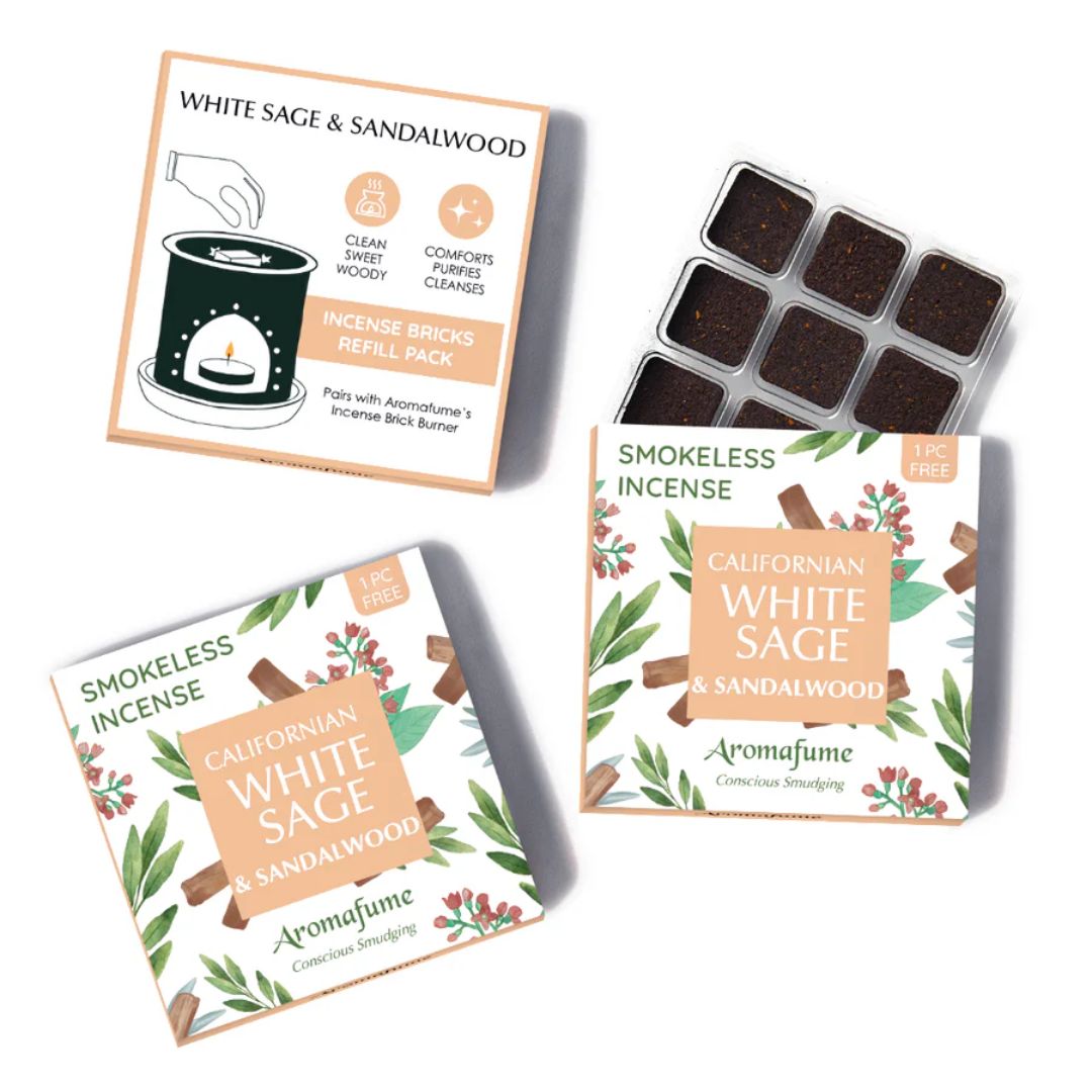 Aromafume California White Sage & Sandalwood incense packaging and refills on a white background