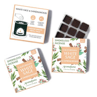 Aromafume California White Sage & Sandalwood incense packaging and refills on a white background