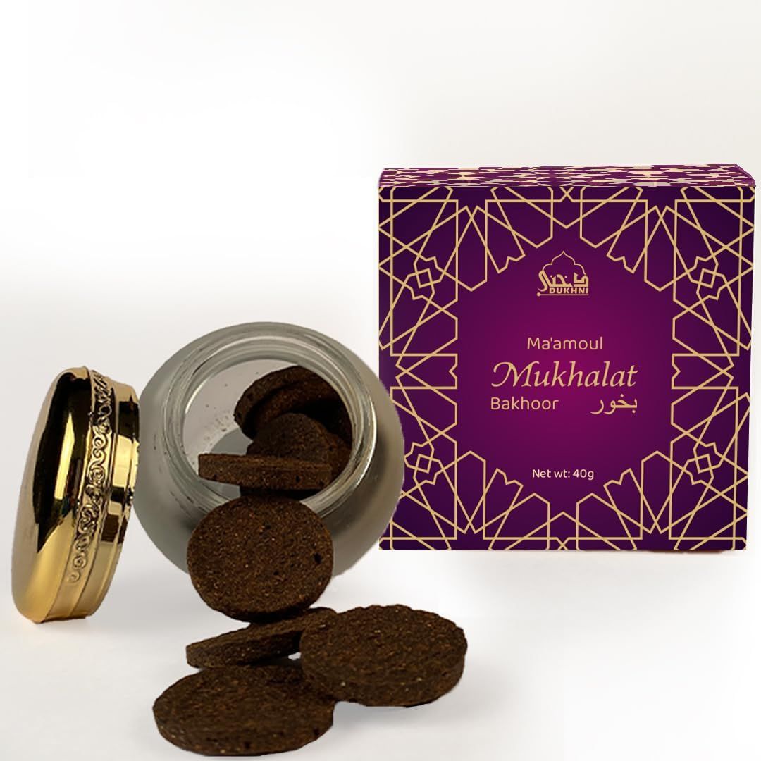 Jar of brown incense sticks with a purple box labeled 'Mukhalat' on a white background