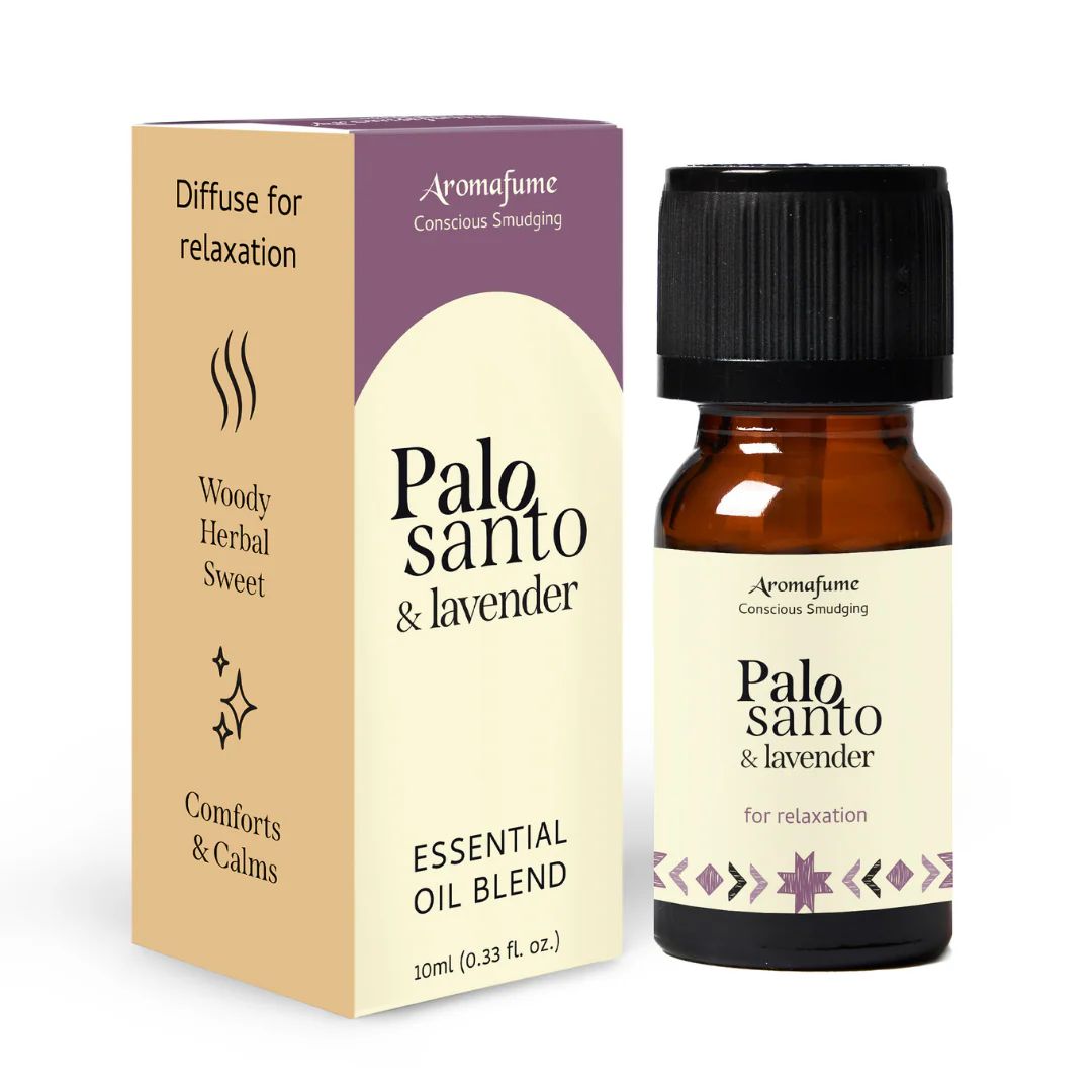 Dark glass bottle of Palo Santo and Lavender essential oil