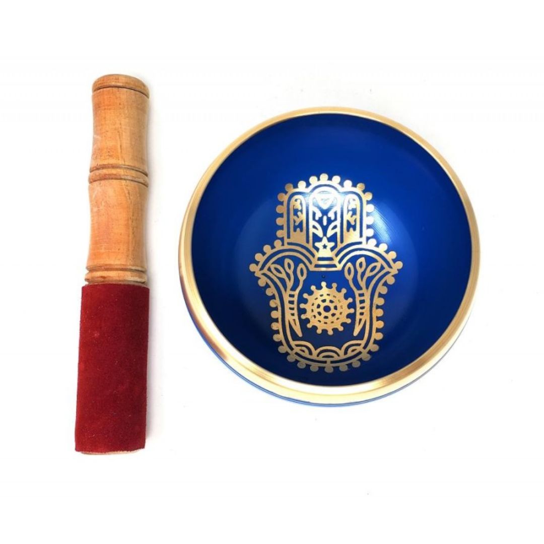 Hamsa Hand brass singing bowl 11cm, blue meditation bowl with striker, protective spiritual altar tool, blue sound healing singing bowl