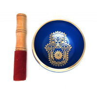 Hamsa Hand brass singing bowl 11cm, blue meditation bowl with striker, protective spiritual altar tool, blue sound healing singing bowl
