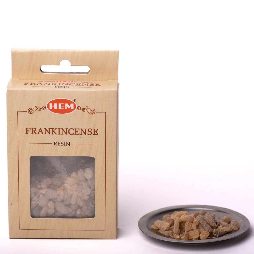 Hem Frankincense resin packaging with resin on a plate on a white background