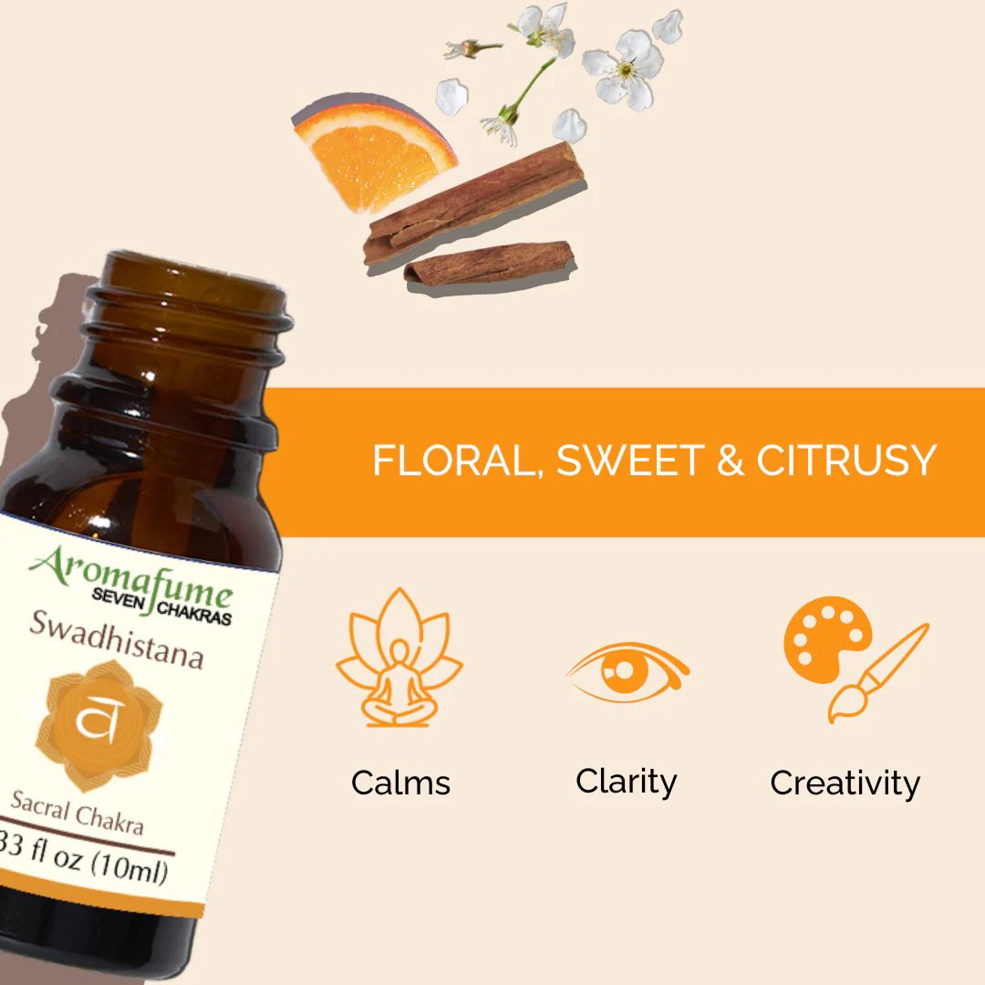Amber bottle of Aromafume Sacral Chakra essential oil blend