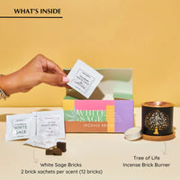 White Sage Incense Kit with sachets, bricks, and a Tree of Life Incense Brick Burner on a yellow background.