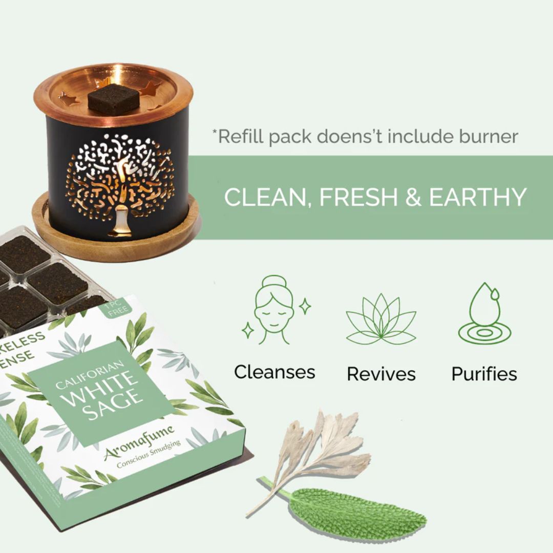 Aromatherapy product set with a black candle holder, white sage packaging, and text about product benefits on a white background.