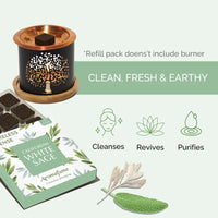Aromatherapy product set with a black candle holder, white sage packaging, and text about product benefits on a white background.