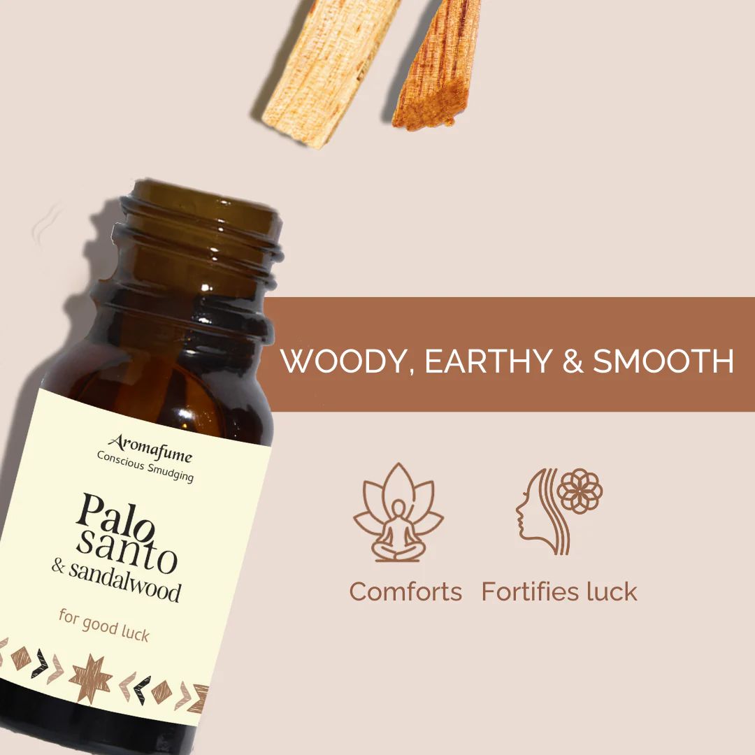 Amber glass bottle of Palo Santo and Sandalwood essential oil blend