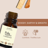 Amber glass bottle of Palo Santo and Sandalwood essential oil blend