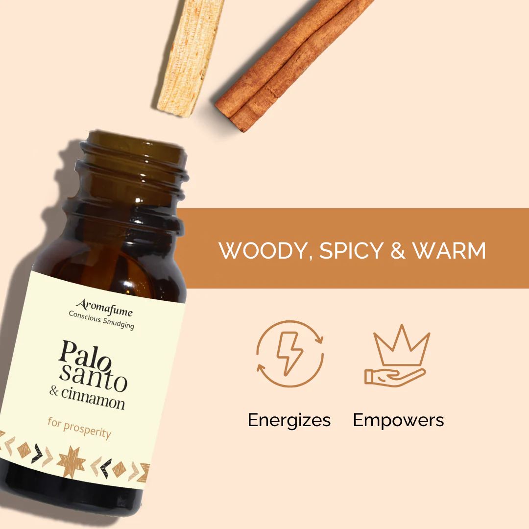 Amber glass bottle of Palo Santo and Cinnamon essential oil blend