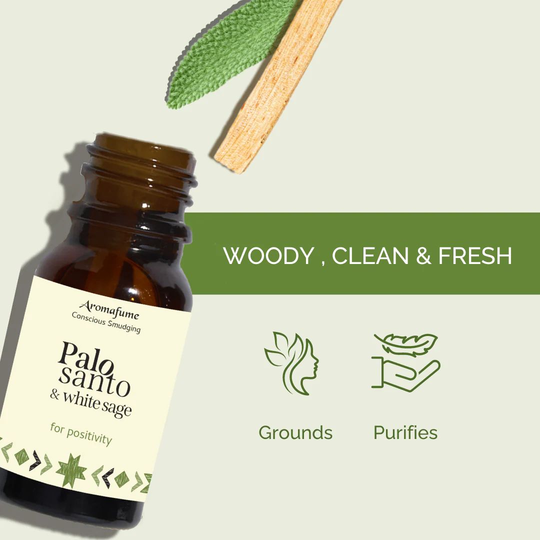 Amber bottle of Palo Santo and White Sage essential oil