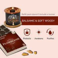 Incense burner, frankincense packaging, and incense sticks on a beige background