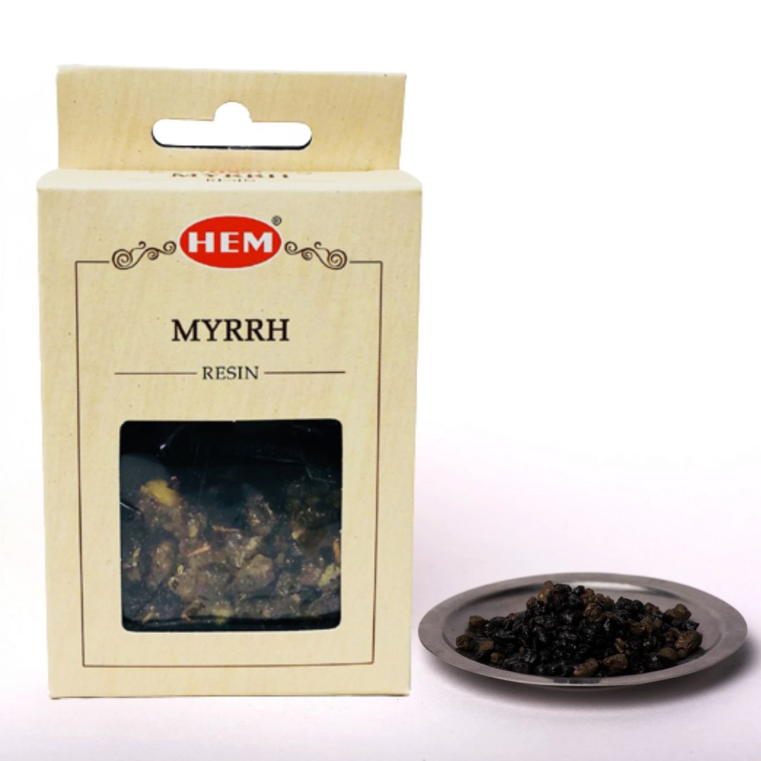 HEM myrrh resin packaging with a small dish of myrrh resin on a white background