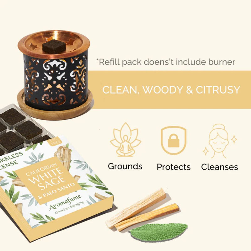 Aromafume California White Sage & Palo Santo incense packaging and refills on a white background