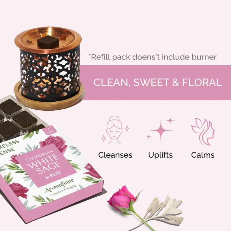 Aromafume Californian White Sage & Rose smokeless incense packaging with incense bricks on a white background.