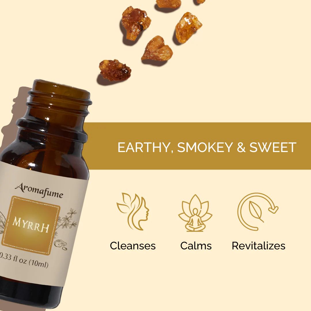 Amber glass bottle of Aromafume Myrrh Essential Oil Diffuser Blend
