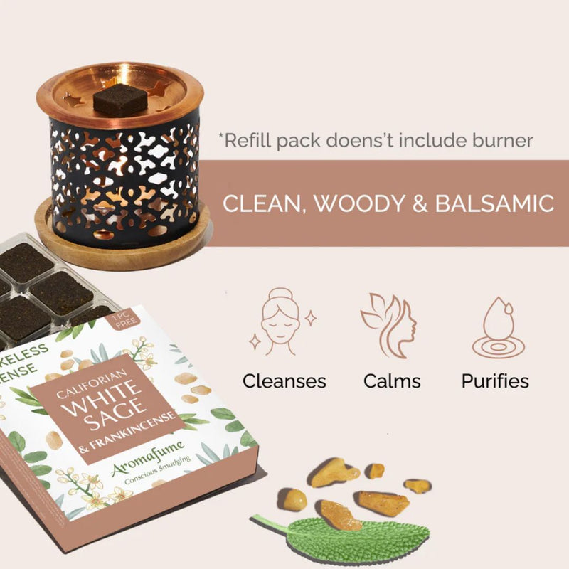 Aromafume Californian White Sage & Frankincense incense packaging and refills on a white background