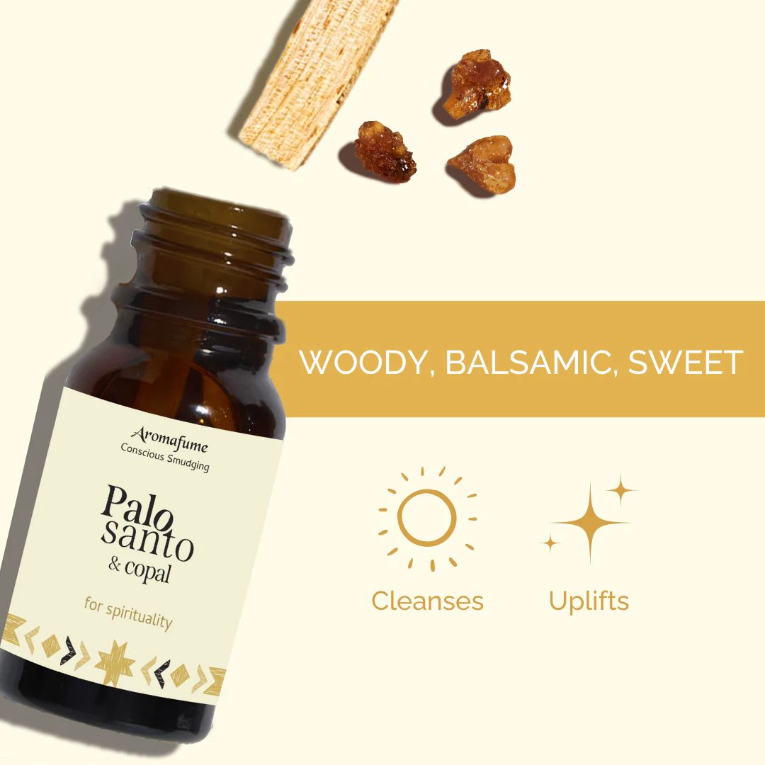 Amber bottle of Palo Santo and Copal essential oil blend