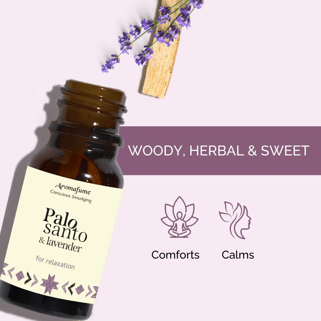Dark glass bottle of Palo Santo and Lavender essential oil