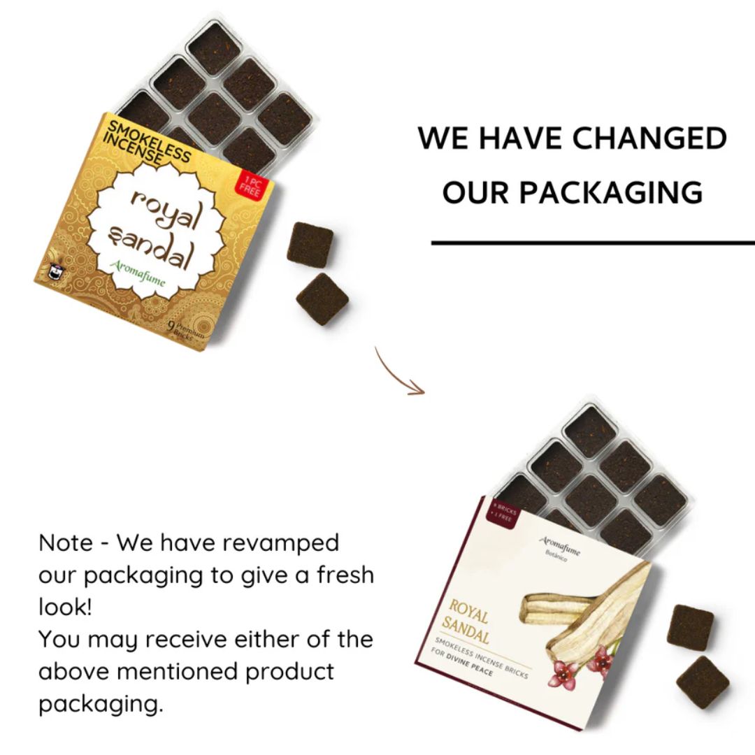 Two packaging designs of 'Royal Sandal' incense with text indicating a change in packaging.