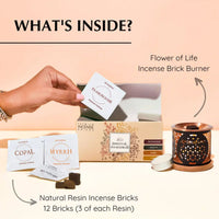 Incense packaging with incense bricks, a burner, and a card labeled 'Flower of Life'.