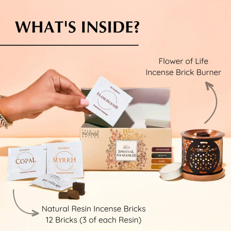 Incense packaging with incense bricks, a burner, and a card labeled 'Flower of Life'.