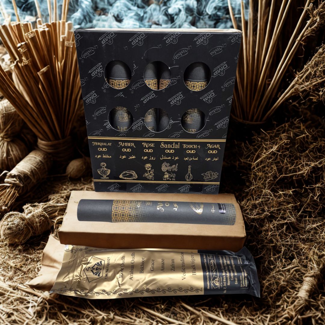 Misbah Amber Oudh incense canisters arranged together