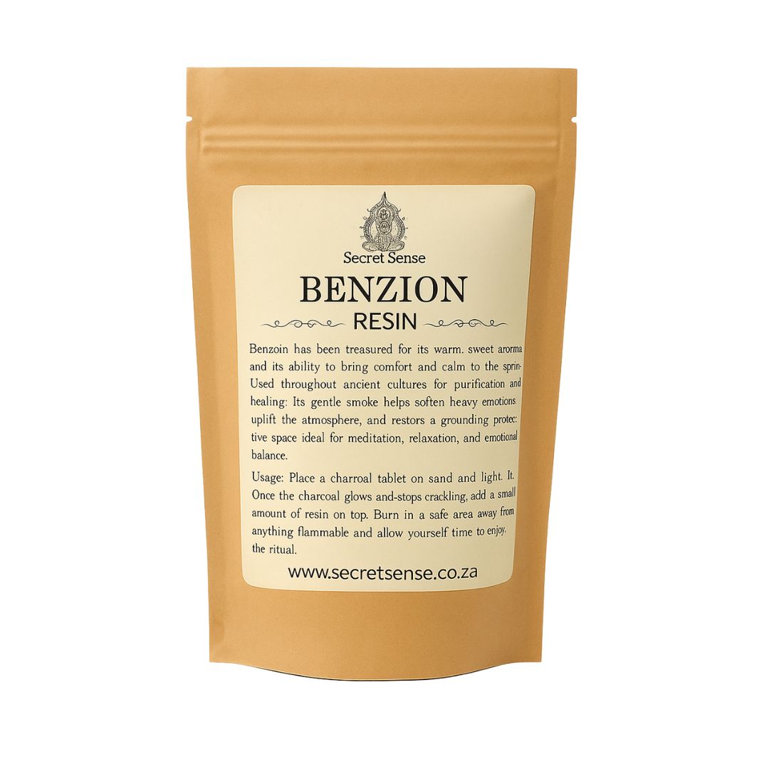 60g packet of Secret Sense Natural Benzoin Resin Incense with raw resin pieces