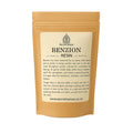 Benzion resin packaging with brand details on a white background