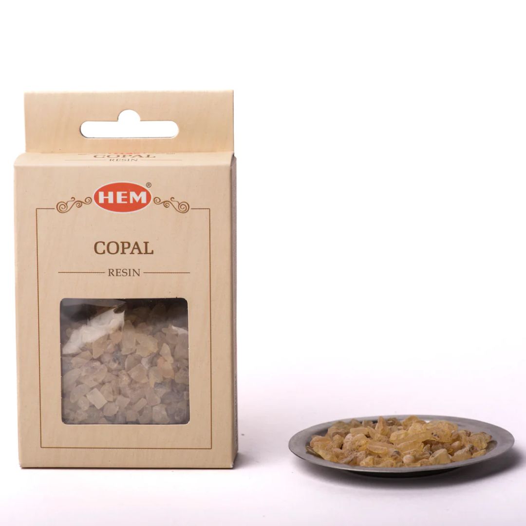 HEM Copal Resin packaging with resin on a white background