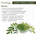Moringa leaf powder in a glass bowl with text about minerals and their benefits on a white background.