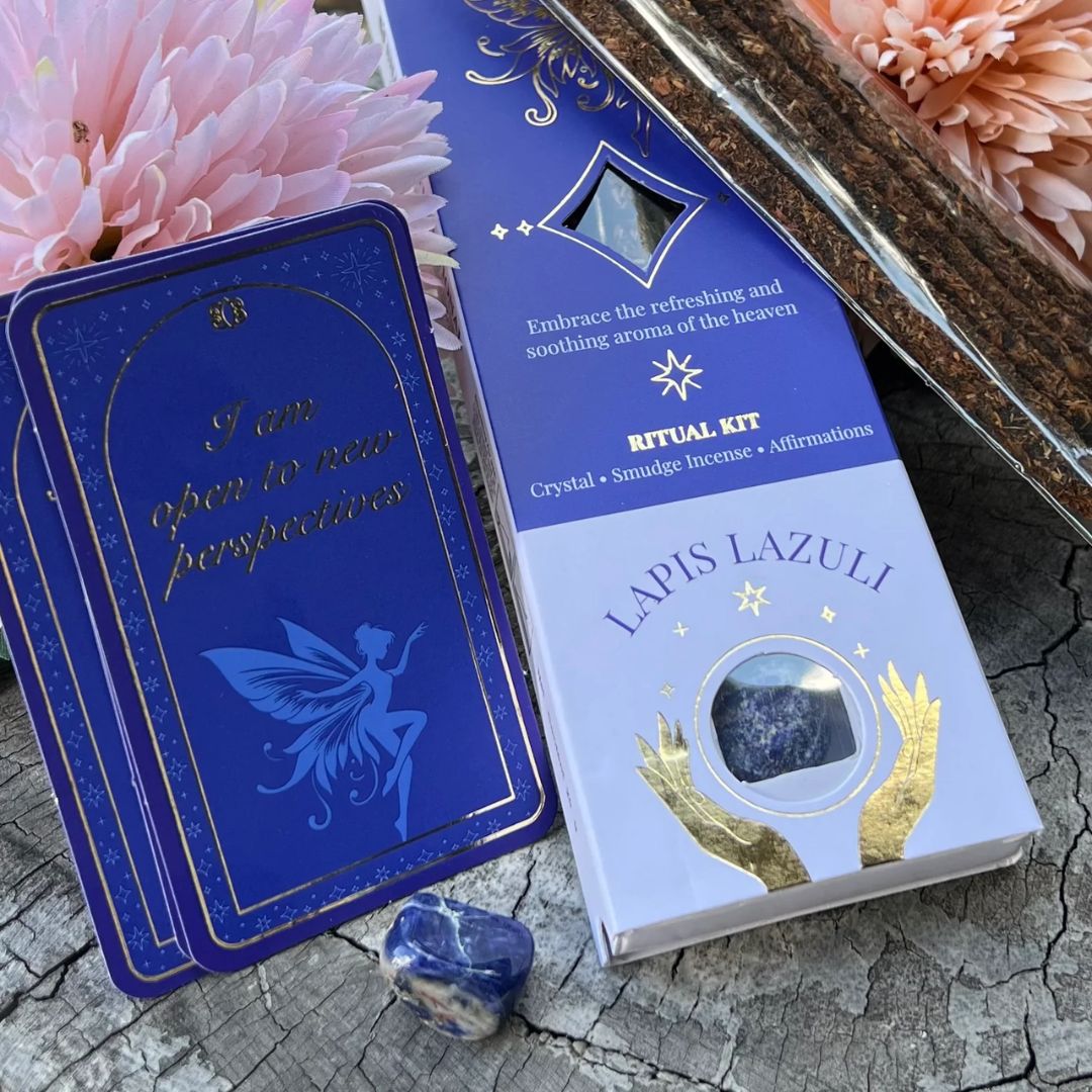 Affirmation of Wisdom Lapis Lazuli incense sticks beside blue crystal