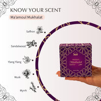 Jar of brown incense sticks with a purple box labeled 'Mukhalat' on a white background