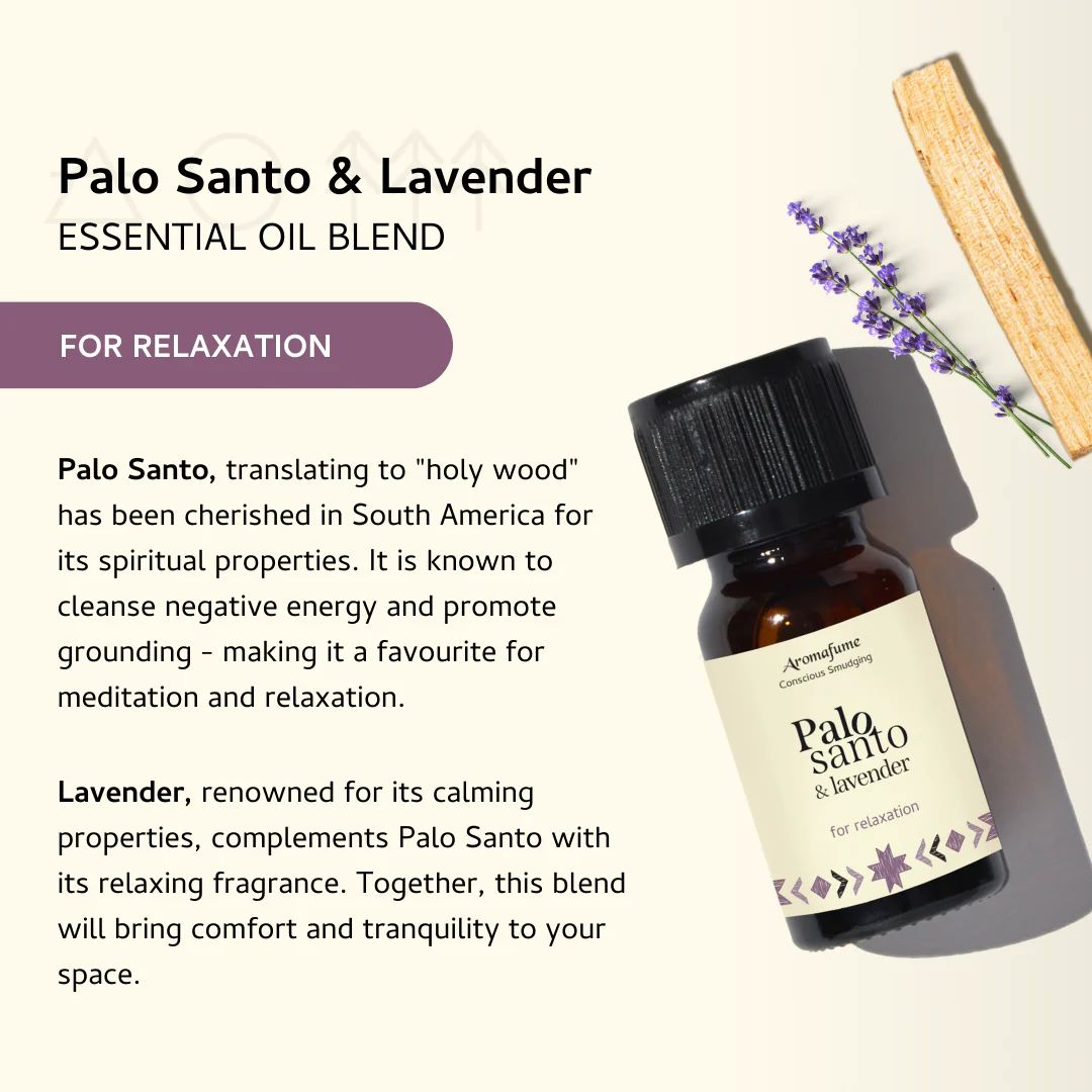 Dark glass bottle of Palo Santo and Lavender essential oil
