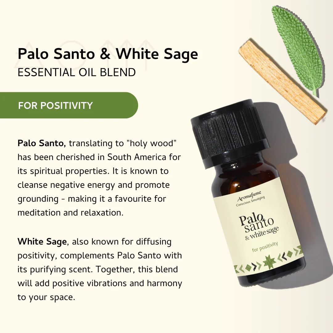 Amber bottle of Palo Santo and White Sage essential oil
