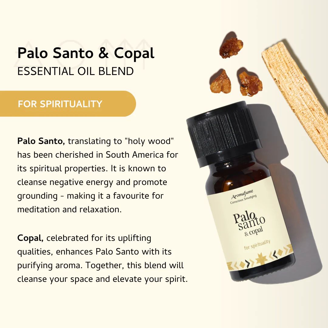 Amber bottle of Palo Santo and Copal essential oil blend