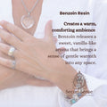 Close-up of hands with jewelry and a quote about benzoin resin's properties.