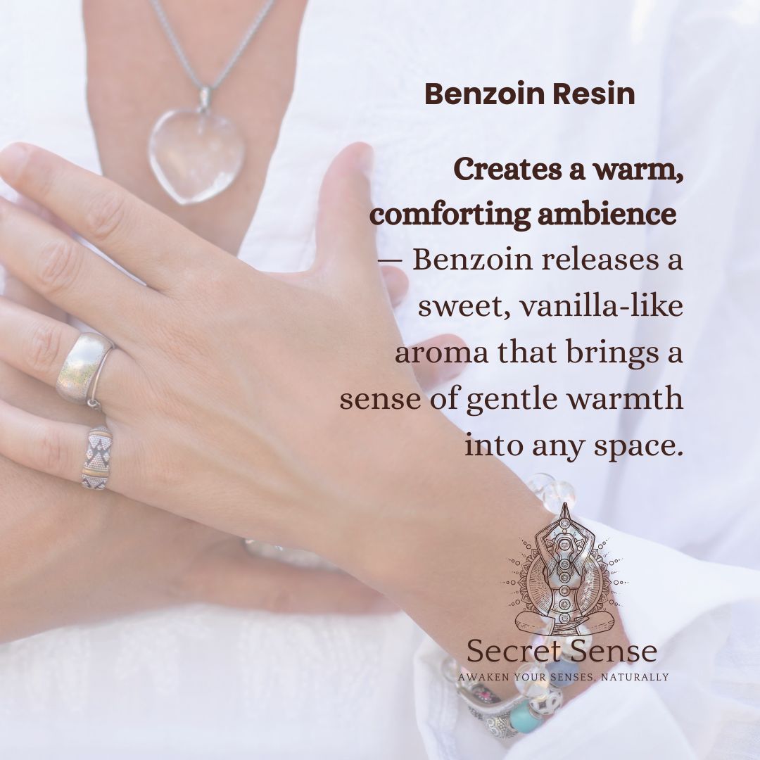 Close-up of hands with jewelry and a quote about benzoin resin's properties.