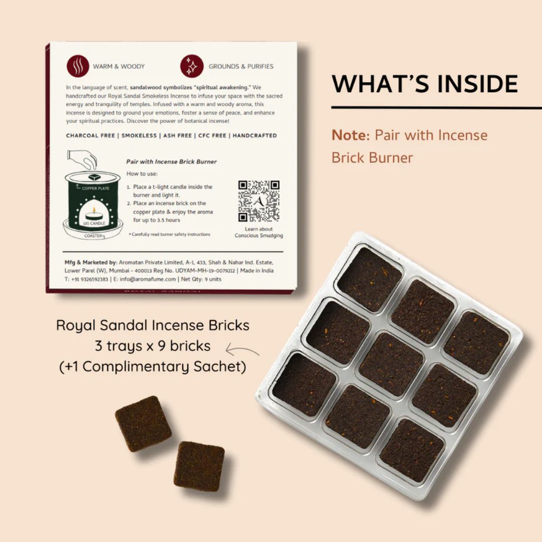 Royal Sandal Incense Bricks packaging with incense bricks and a sachet on a beige background