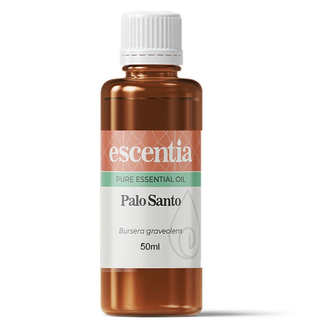 Escentia Palo Santo essential oil bottle on a white background
