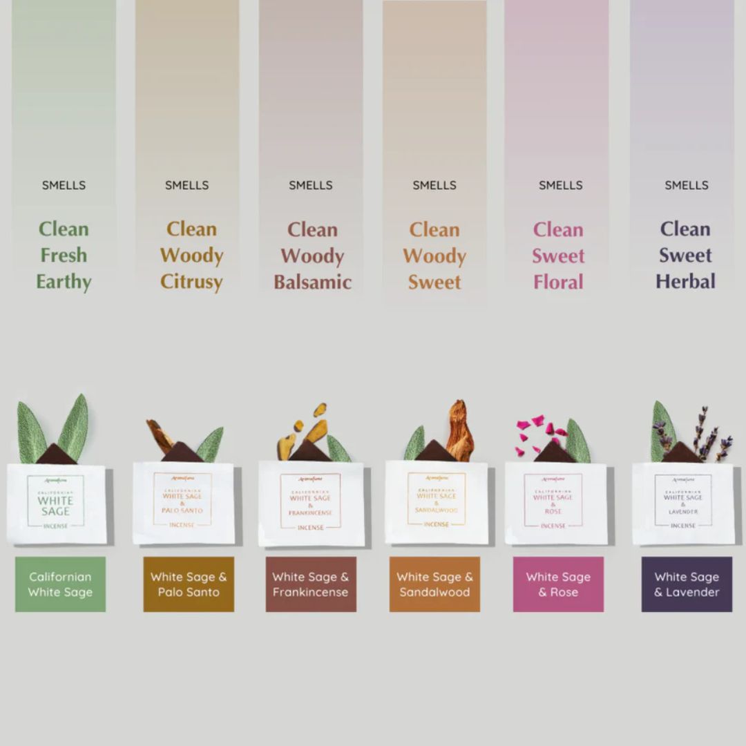 Assorted diffuser oil packaging with scents labeled on a light gray background