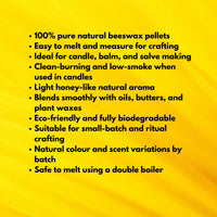 List of benefits and features of 100% pure natural beeswax pellets on a yellow background.