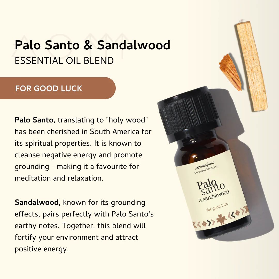 Amber glass bottle of Palo Santo and Sandalwood essential oil blend