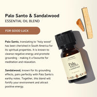 Amber glass bottle of Palo Santo and Sandalwood essential oil blend