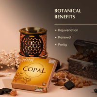 Incense burner with Copal incense packaging on a wooden surface with decorative elements.